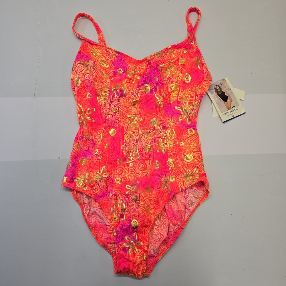 Kathy Ireland Vintage 90s Neon Pink Orange One Piece Swimsuit Size 13/14 NWT